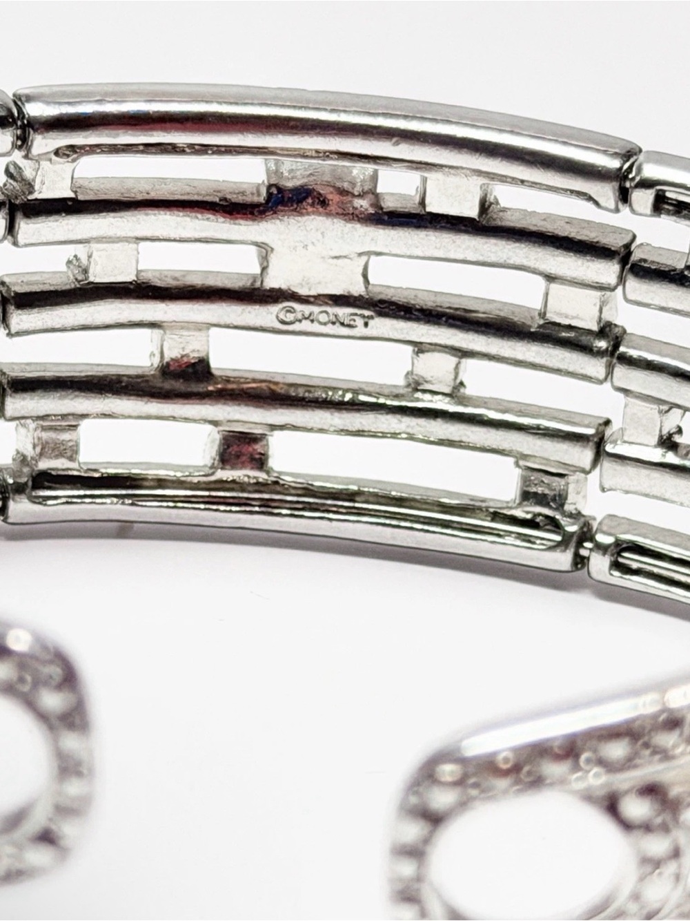 Monet Silver Tone Green Rhinestone Bracelet Wide Cuff Pave❗️1 Stone Missing - Picture 5 of 7